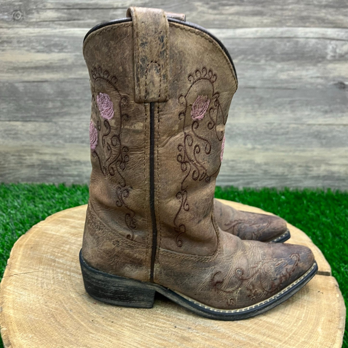 Smoky Mountain Youth - Size 12.5R - Tan/Pink Floral Snip Toe Cowboy Boots 3771C