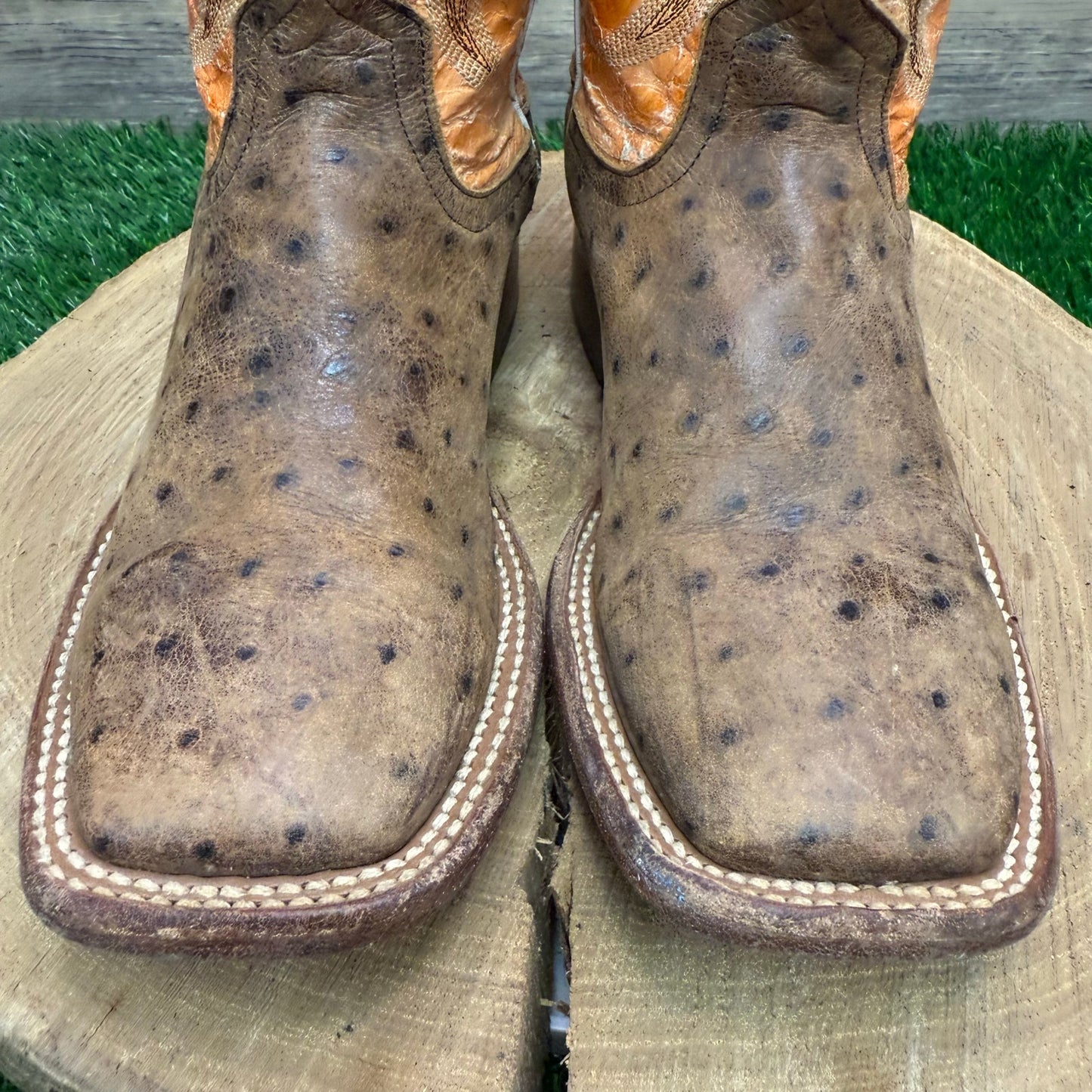 Horse Power Youth -Size 4D- Orange/Tan Faux Ostrich Square Toe Cowboy Boots 841