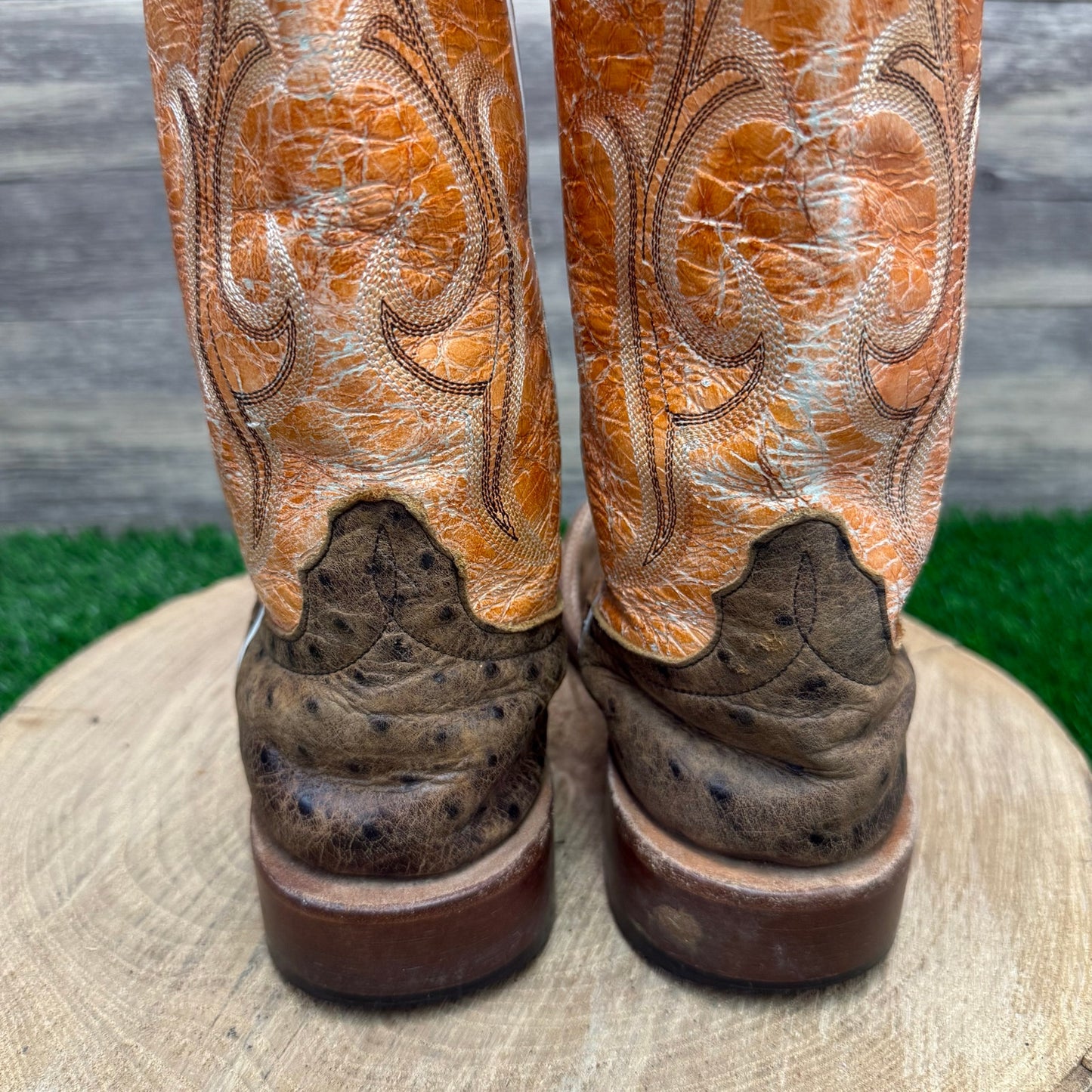 Horse Power Youth -Size 4D- Orange/Tan Faux Ostrich Square Toe Cowboy Boots 841