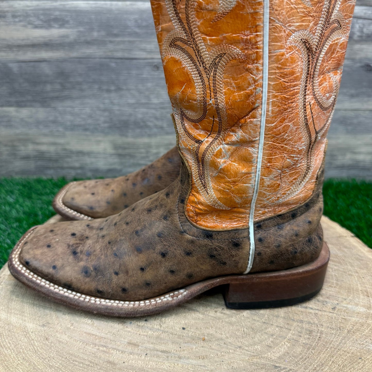 Horse Power Youth -Size 4D- Orange/Tan Faux Ostrich Square Toe Cowboy Boots 841