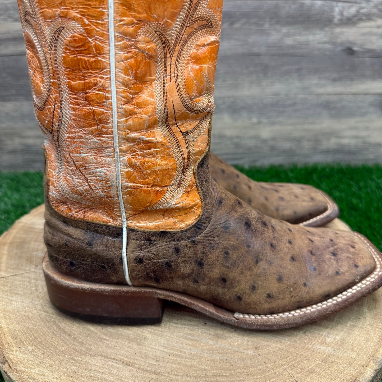 Horse Power Youth -Size 4D- Orange/Tan Faux Ostrich Square Toe Cowboy Boots 841