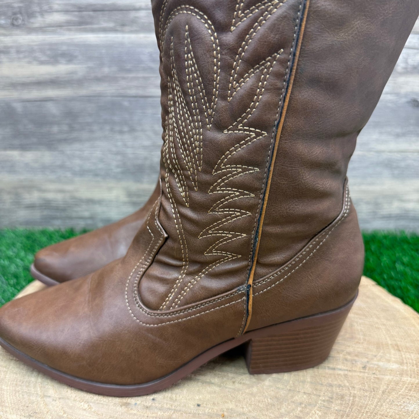 Qupid Women - Size 7.5 - Cognac Faux Leather Cowboy Boots