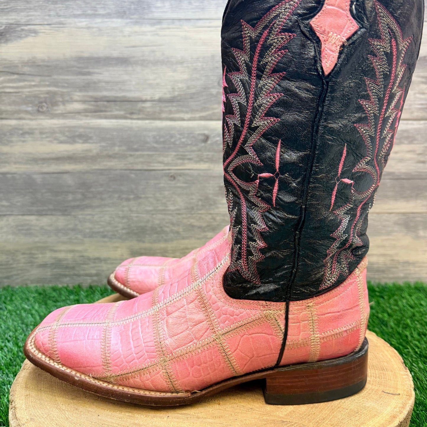Ferrini Women - Size 10B - Black / Pink Patchwork Square Toe Cowboy Boots