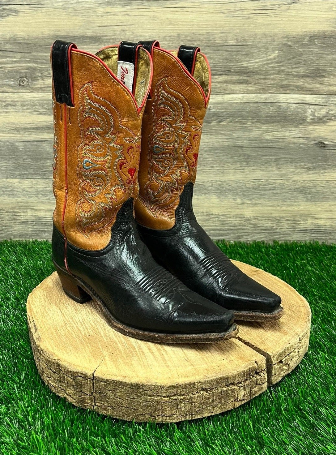 Tony Lama Women Size 7B Black Orange Snip Toe Cowboy Boots Style 5 The Boot Barrel