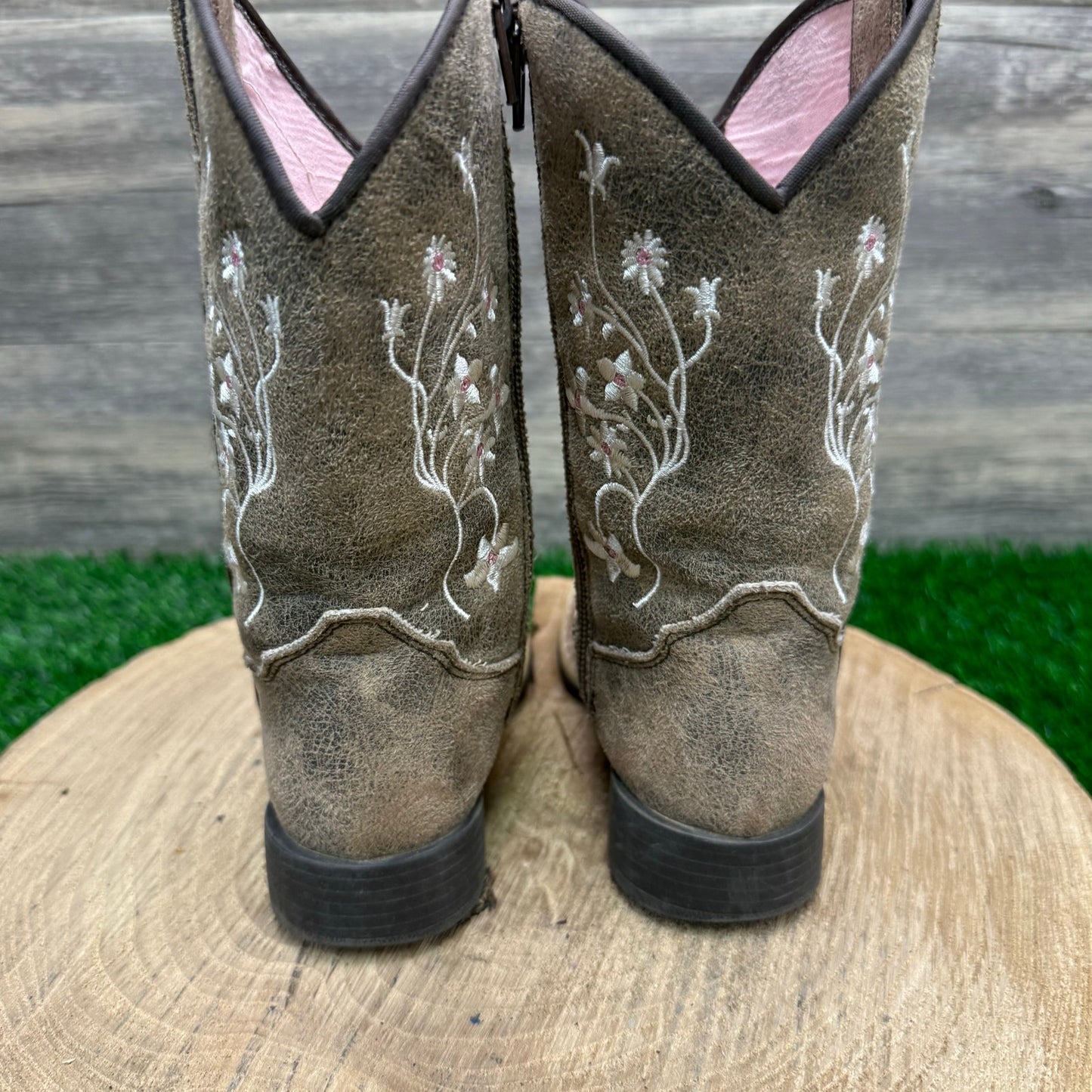 Twister Youth - Size 9 - Distressed Tan Floral Faux Leather Zipper Cowboy Boots