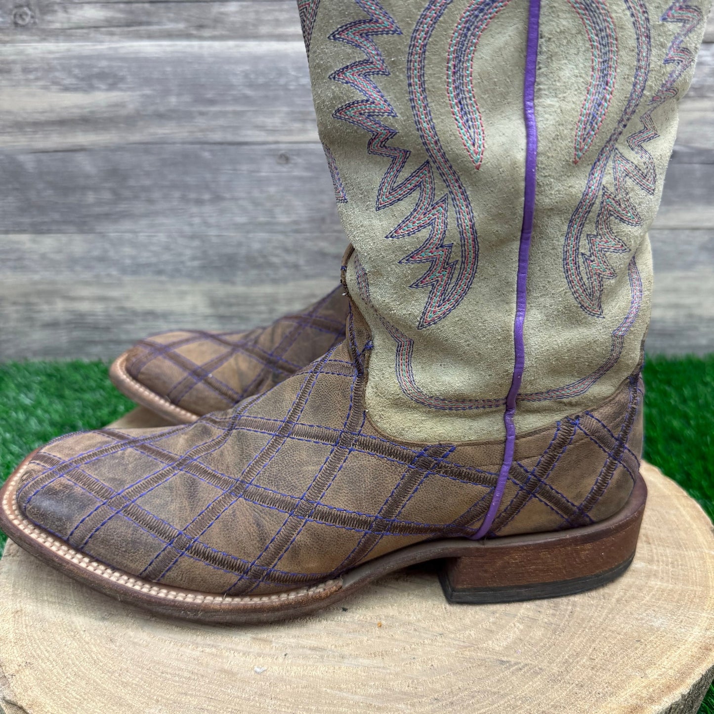 Macie Bean Women -Size 9M- Purple/Tan Diamond Patchwork Square Toe Cowboy Boots