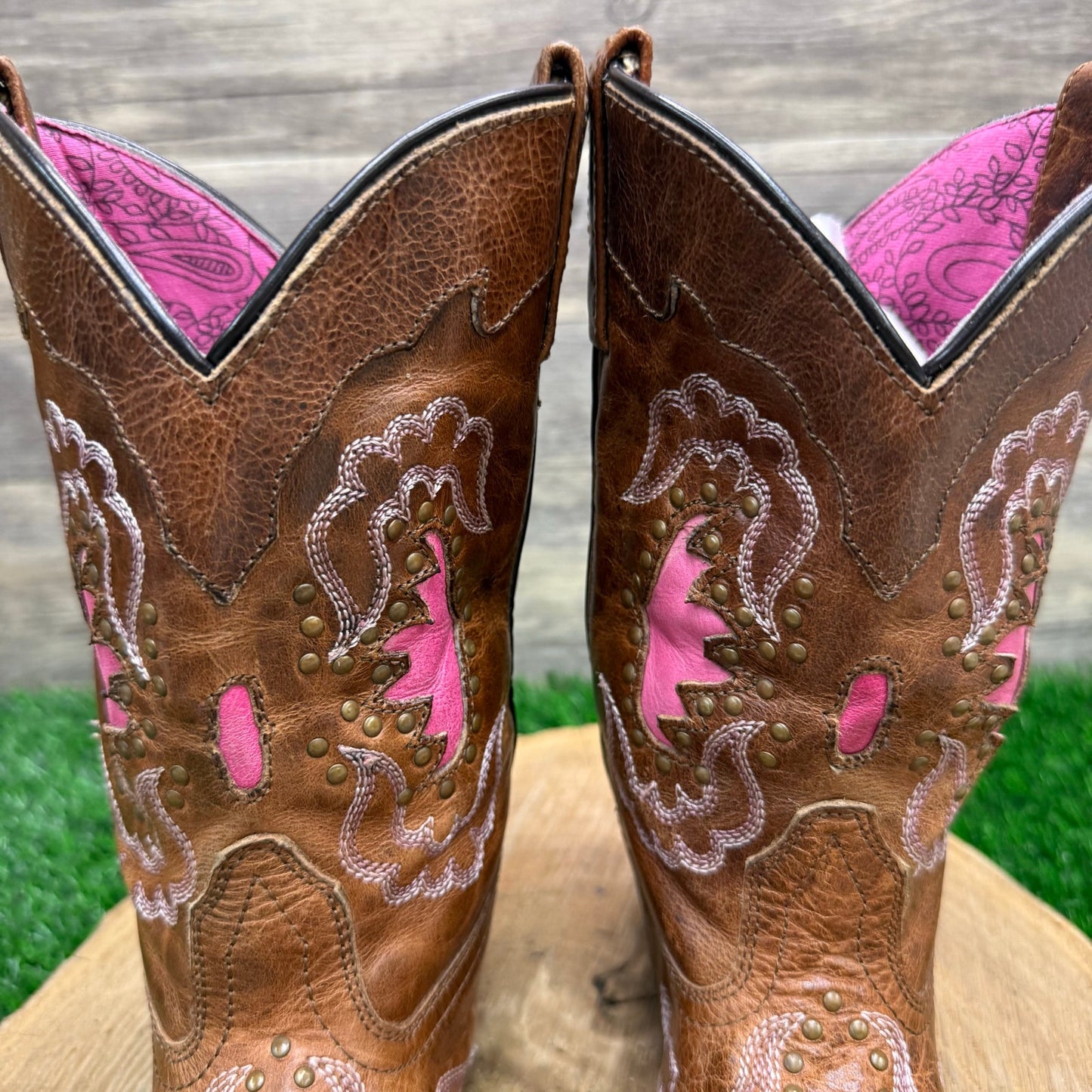 Smoky Mountain Youth - Size 2.5R - Tan/Pink Studded Cowboy Boots Style 3866C