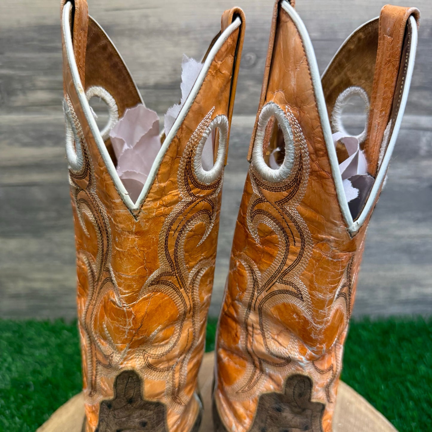 Horse Power Youth -Size 4D- Orange/Tan Faux Ostrich Square Toe Cowboy Boots 841