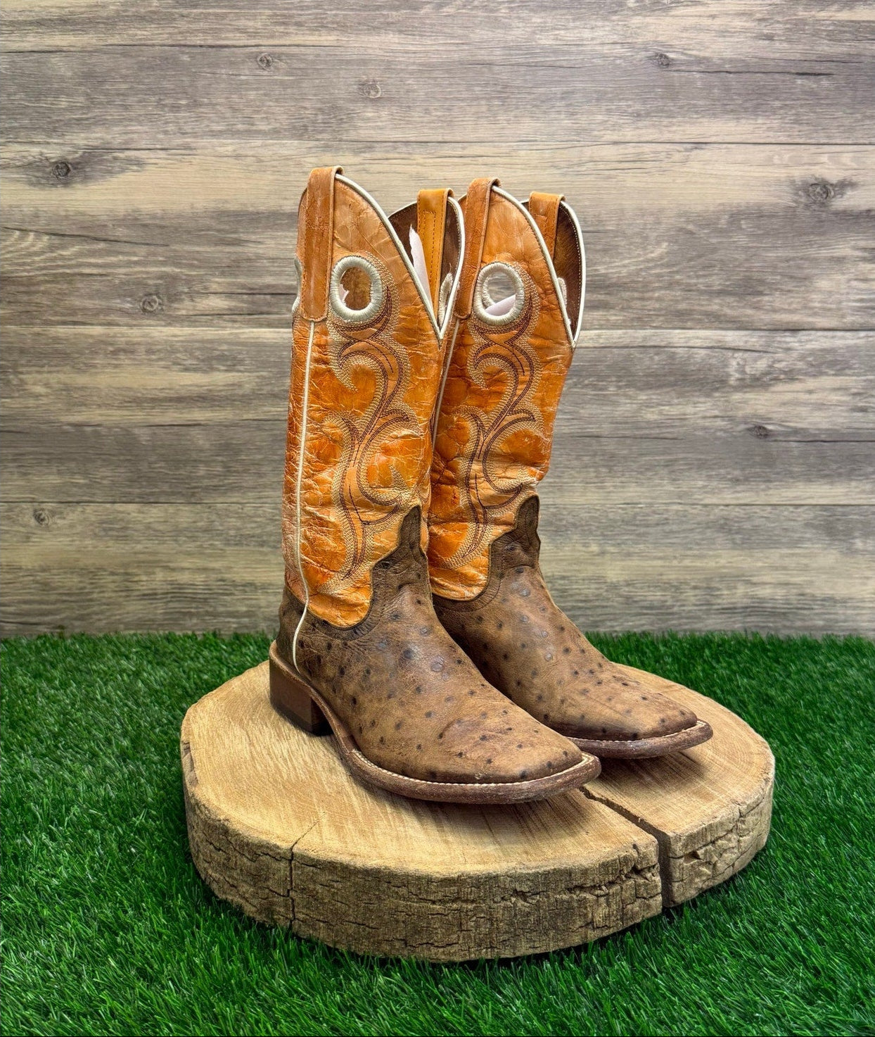 Horse Power Youth -Size 4D- Orange/Tan Faux Ostrich Square Toe Cowboy Boots 841