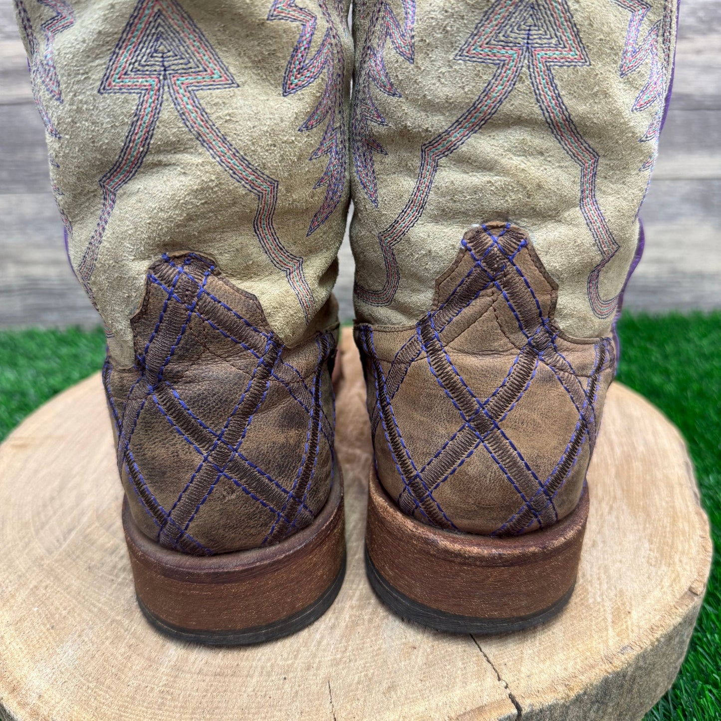 Macie Bean Women -Size 9M- Purple/Tan Diamond Patchwork Square Toe Cowboy Boots