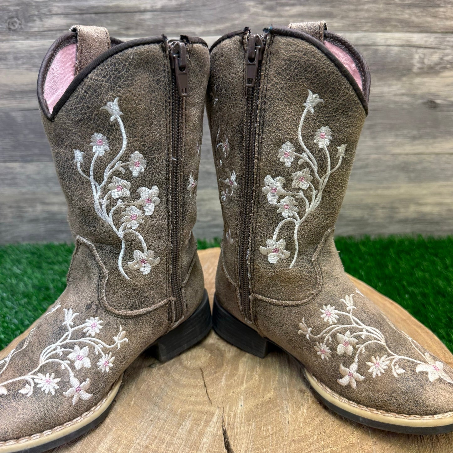 Twister Youth - Size 9 - Distressed Tan Floral Faux Leather Zipper Cowboy Boots