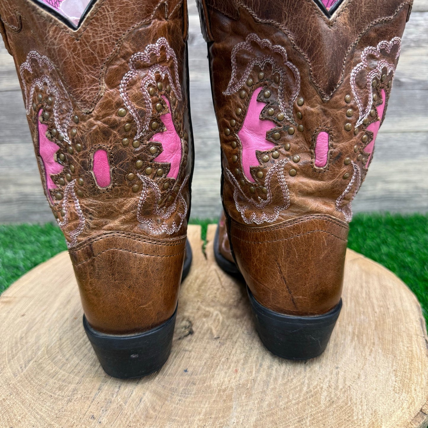 Smoky Mountain Youth - Size 2.5R - Tan/Pink Studded Cowboy Boots Style 3866C