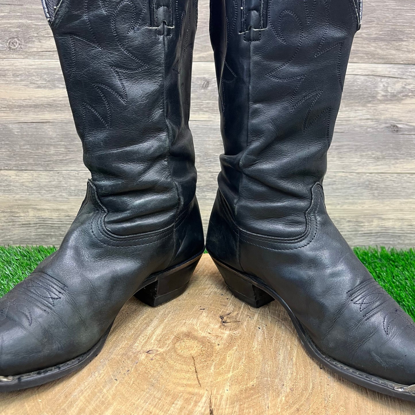 Durango Women - Size 8M - Vintage Black Slouch Toe Plate Cowboy Boots Style 1292
