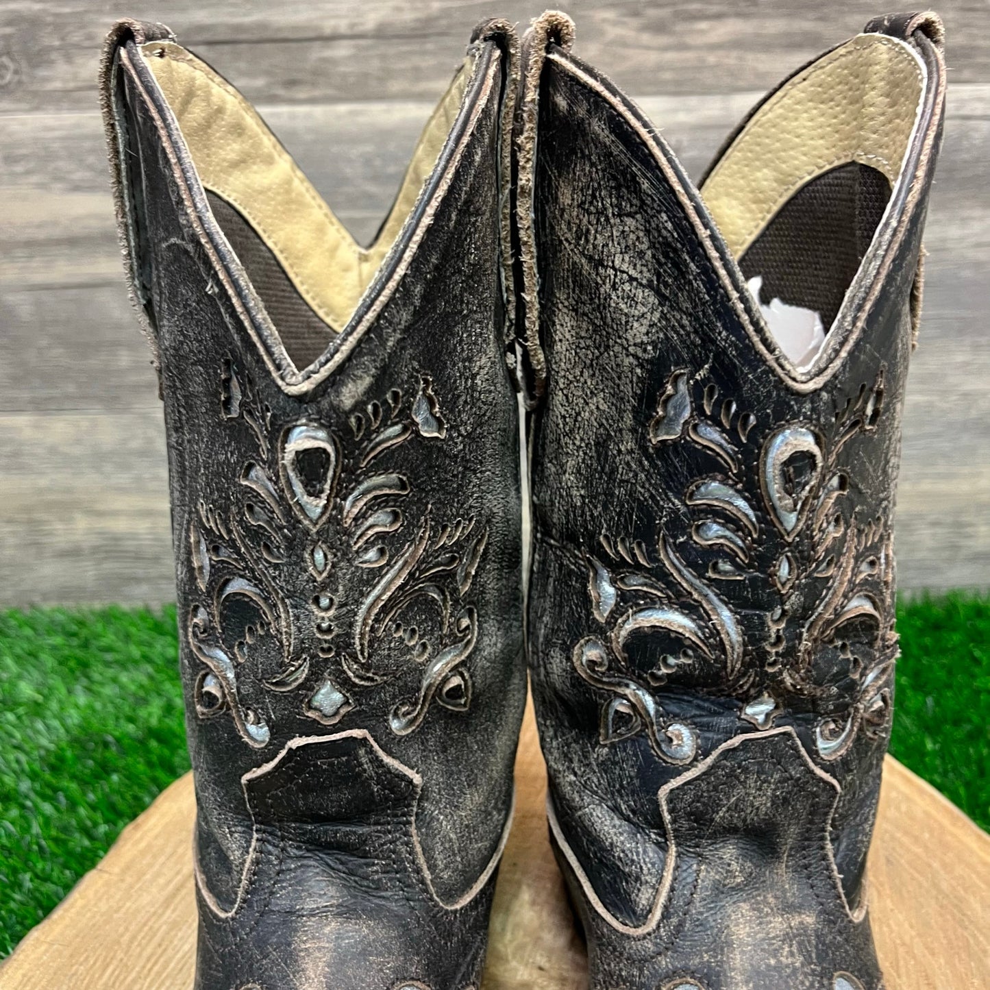 Roper Youth - Size 3 - Distressed Black Cutout Square Toe Cowboy Boots 0671