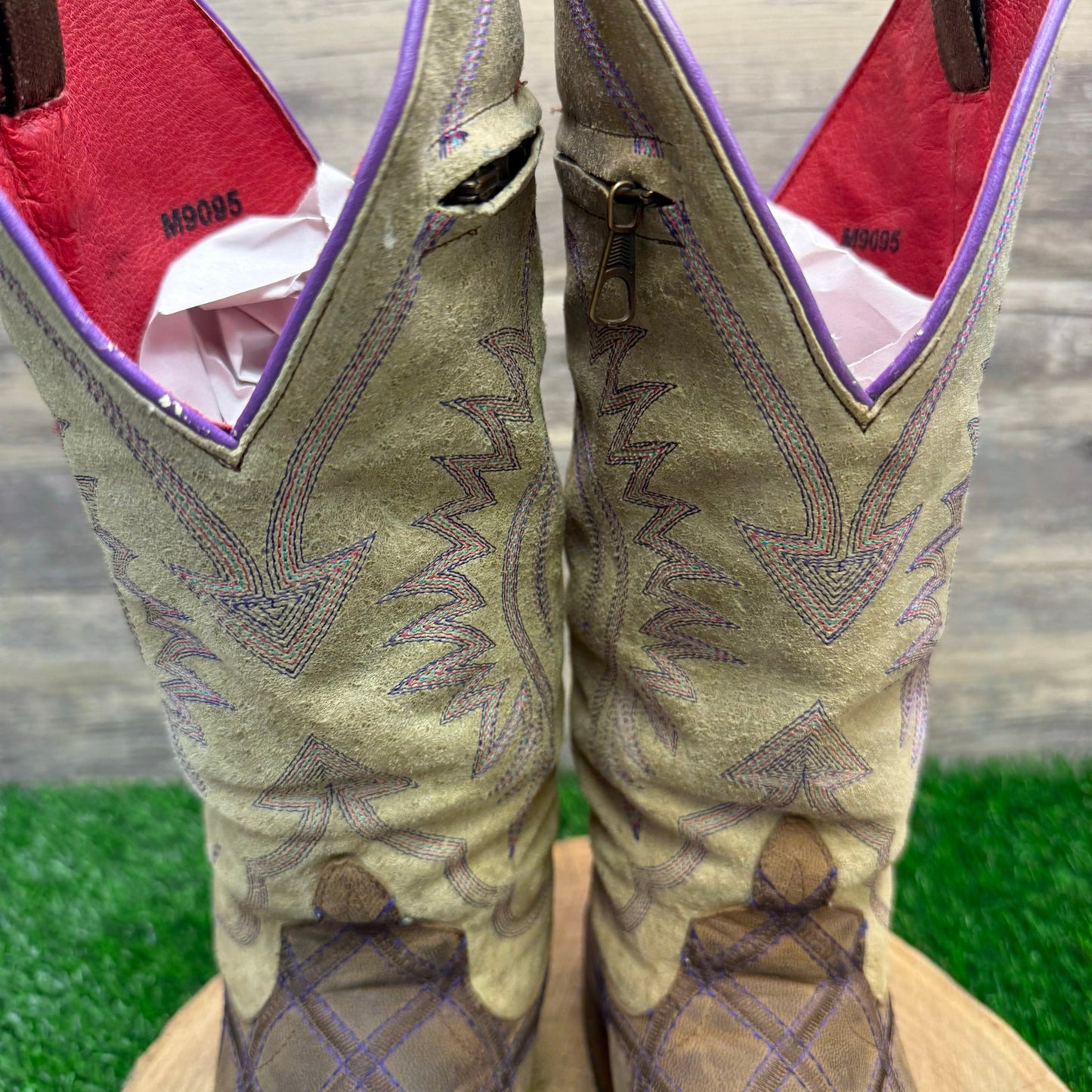Macie Bean Women -Size 9M- Purple/Tan Diamond Patchwork Square Toe Cowboy Boots