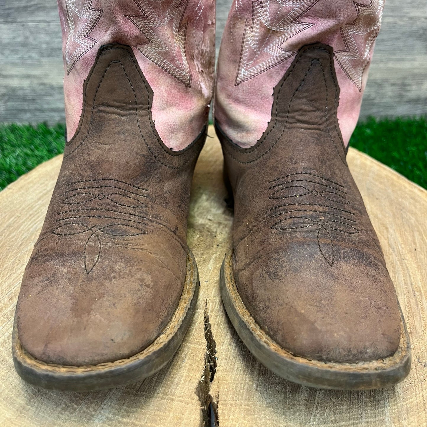 Roper Youth - Size 2 - Brown/Pink Square Toe Faux Leather Cowboy Boots 9508