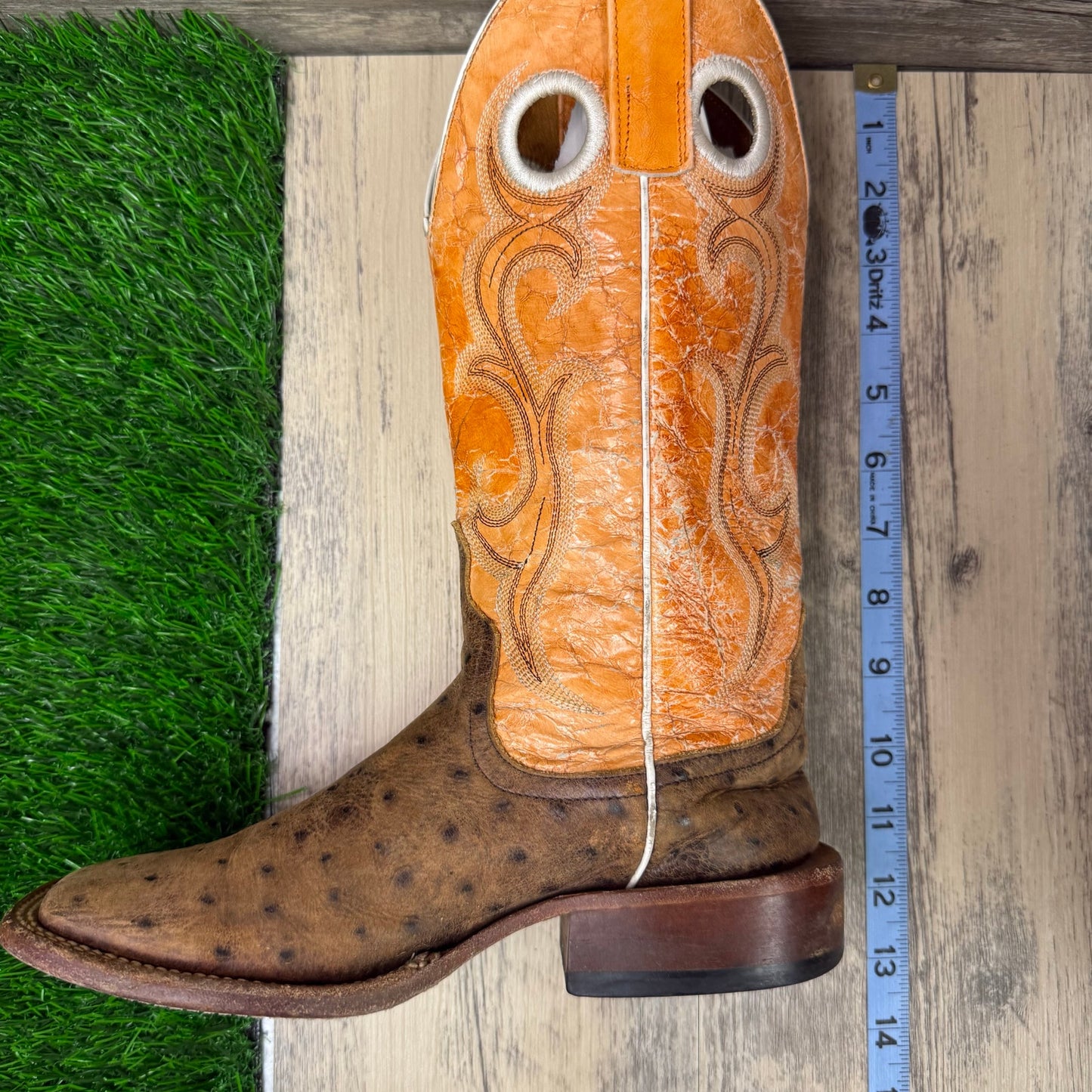 Horse Power Youth -Size 4D- Orange/Tan Faux Ostrich Square Toe Cowboy Boots 841