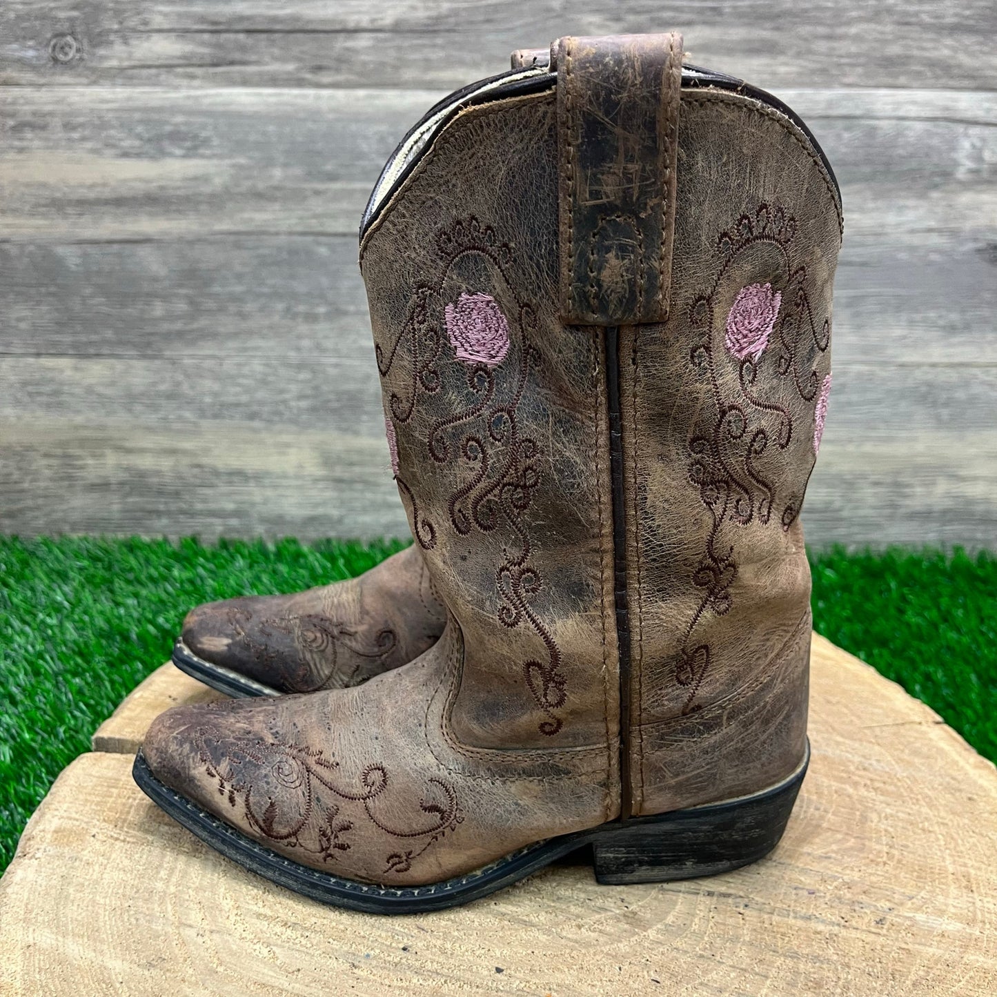 Smoky Mountain Youth - Size 12.5R - Tan/Pink Floral Snip Toe Cowboy Boots 3771C