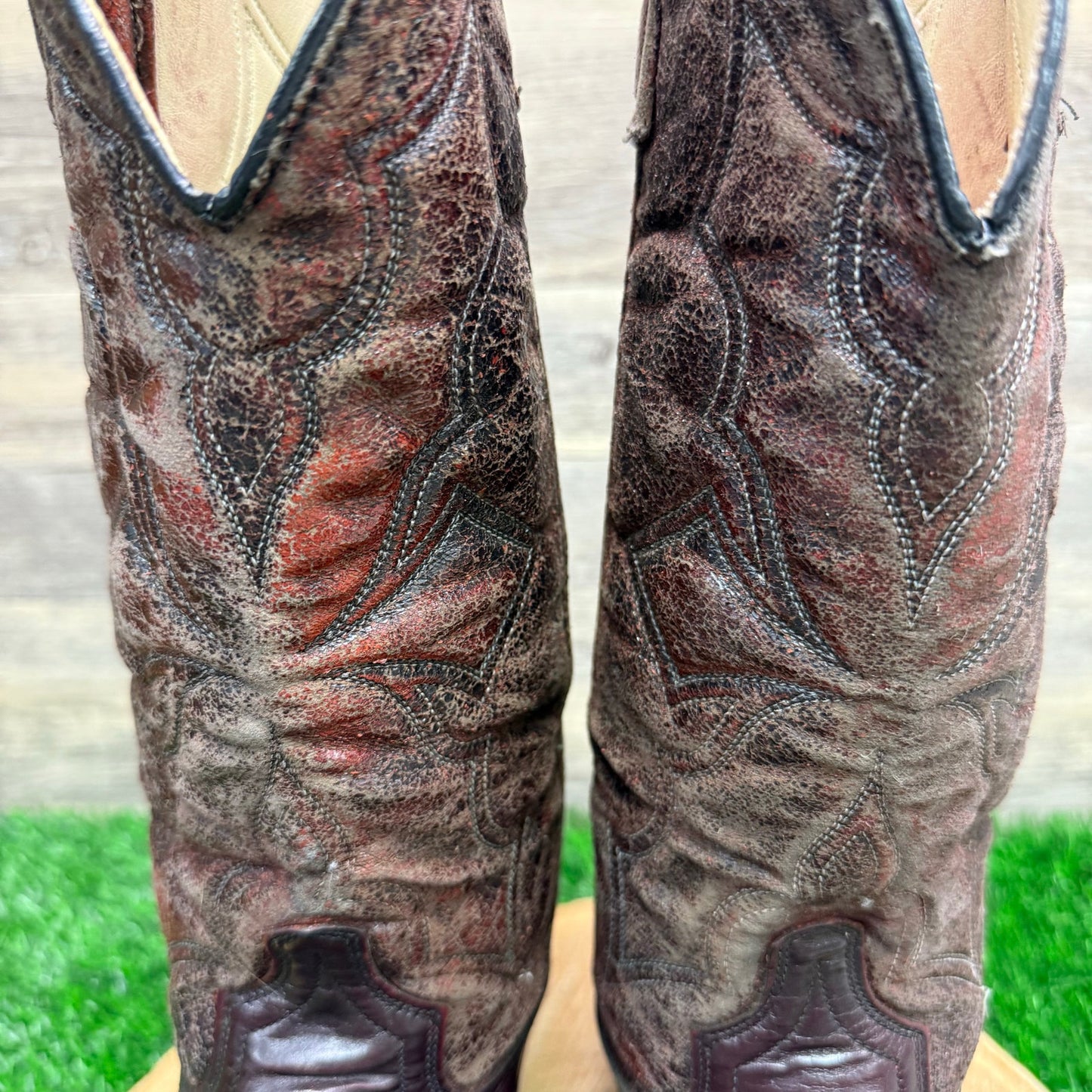 Acme Men - Size 8.5EW - Vintage Burgundy Faux Leather Cowboy Boots Style 4698