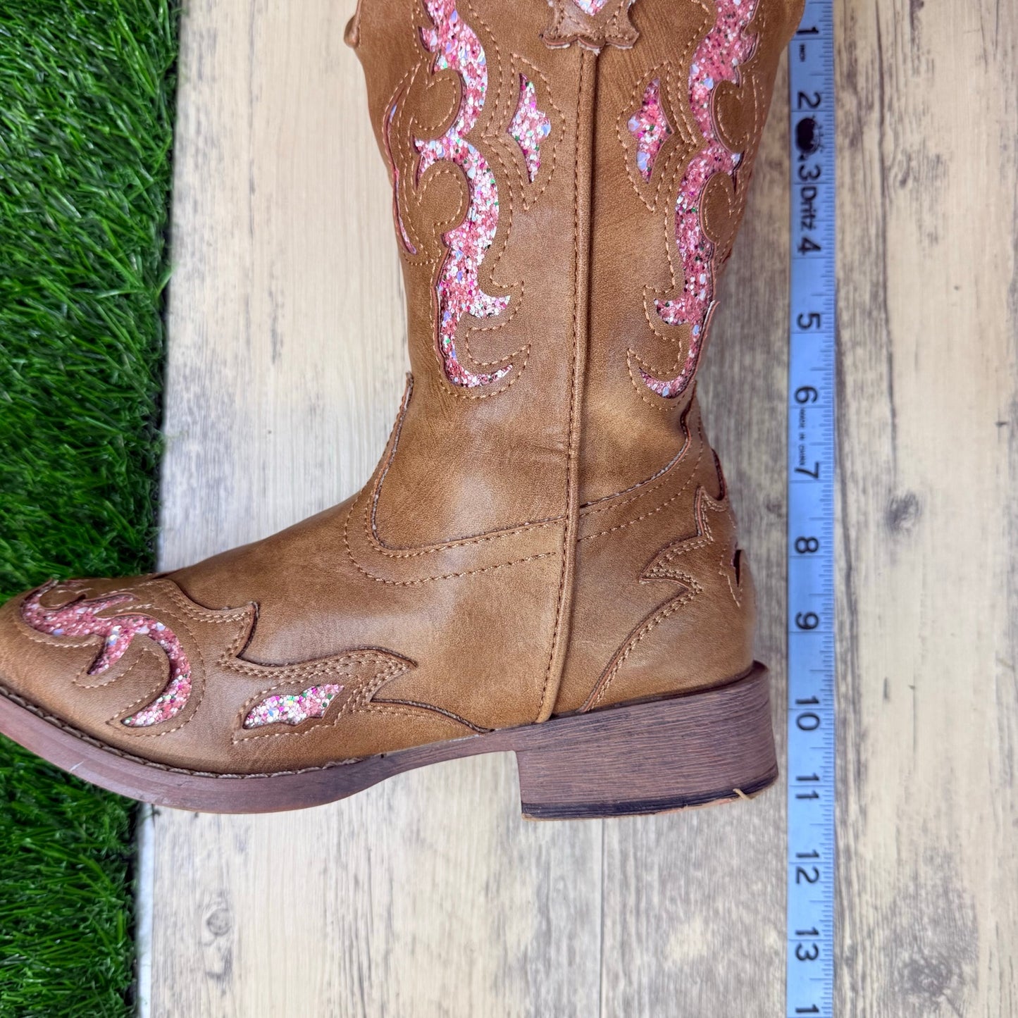 Roper Youth - Size 2 - Tan / Pink Glitter Square Toe Cowboy Boots 2926