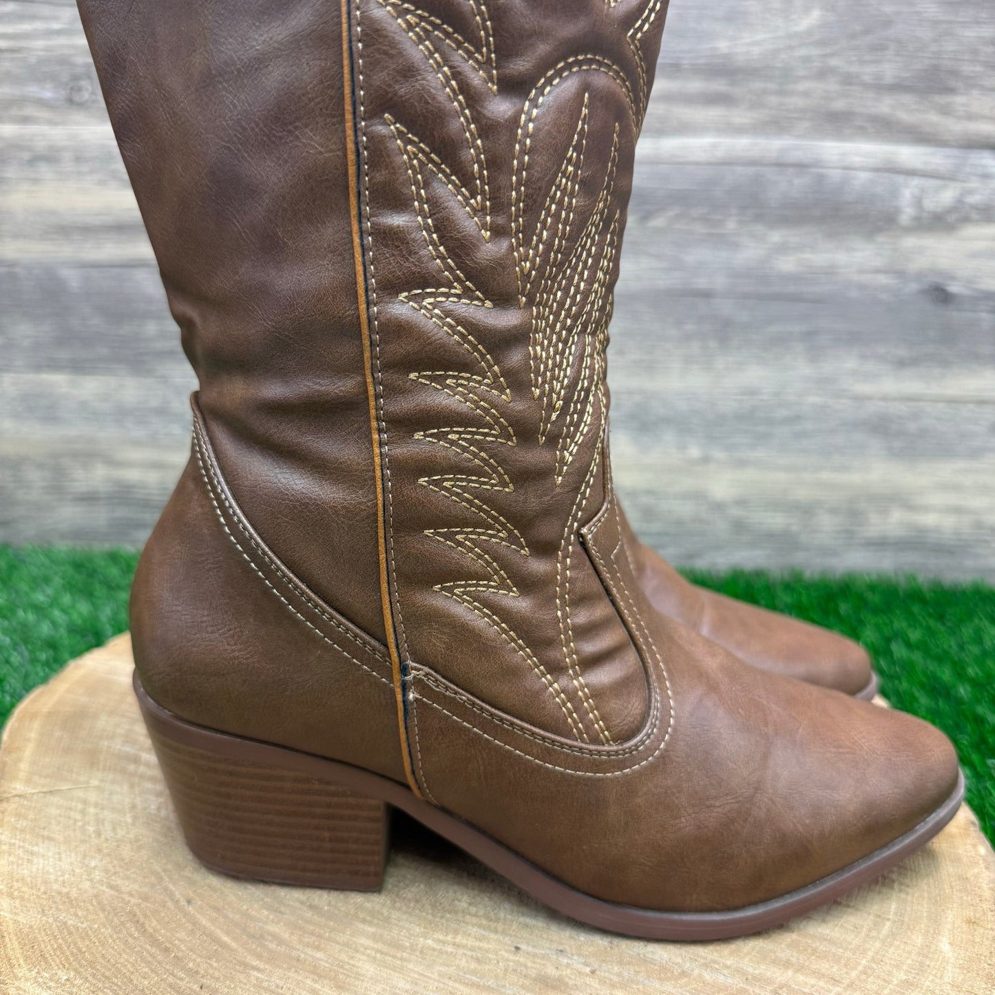 Qupid Women - Size 7.5 - Cognac Faux Leather Cowboy Boots