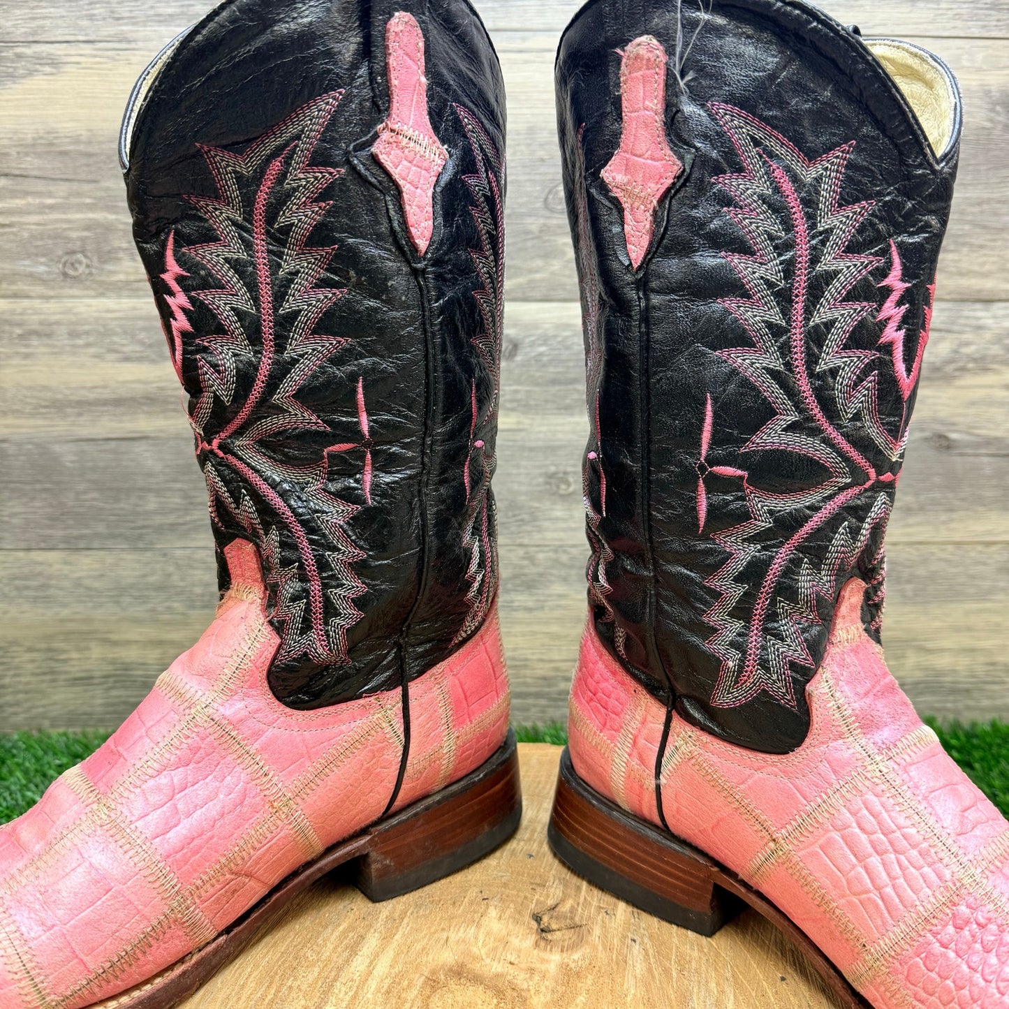Ferrini Women - Size 10B - Black / Pink Patchwork Square Toe Cowboy Boots