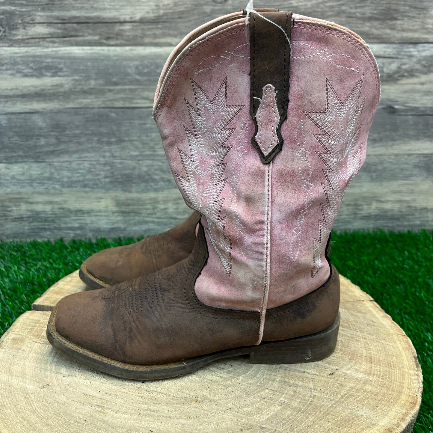 Roper Youth - Size 2 - Brown/Pink Square Toe Faux Leather Cowboy Boots 9508