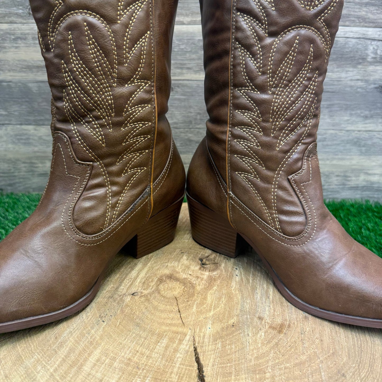 Qupid Women - Size 7.5 - Cognac Faux Leather Cowboy Boots