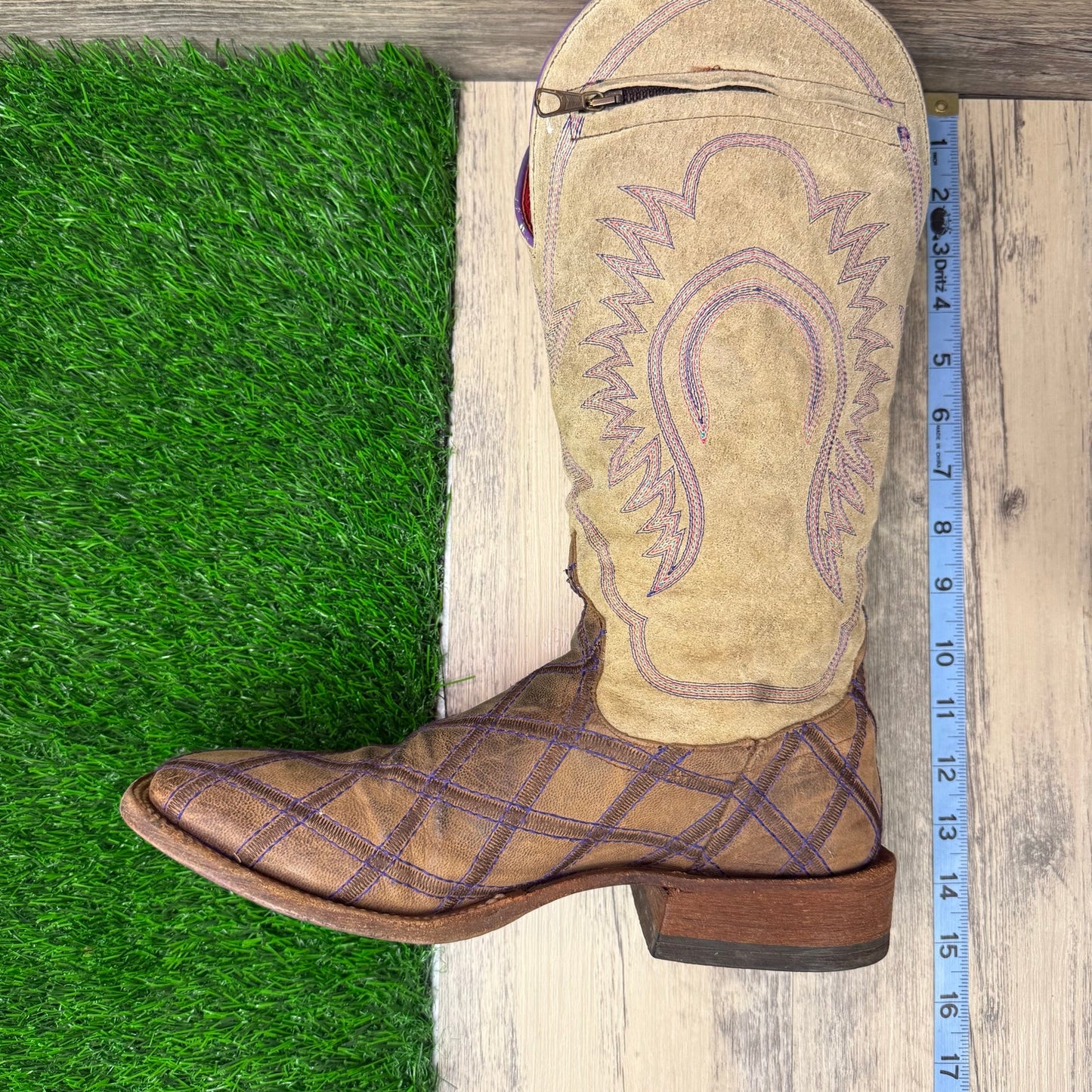 Macie Bean Women -Size 9M- Purple/Tan Diamond Patchwork Square Toe Cowboy Boots