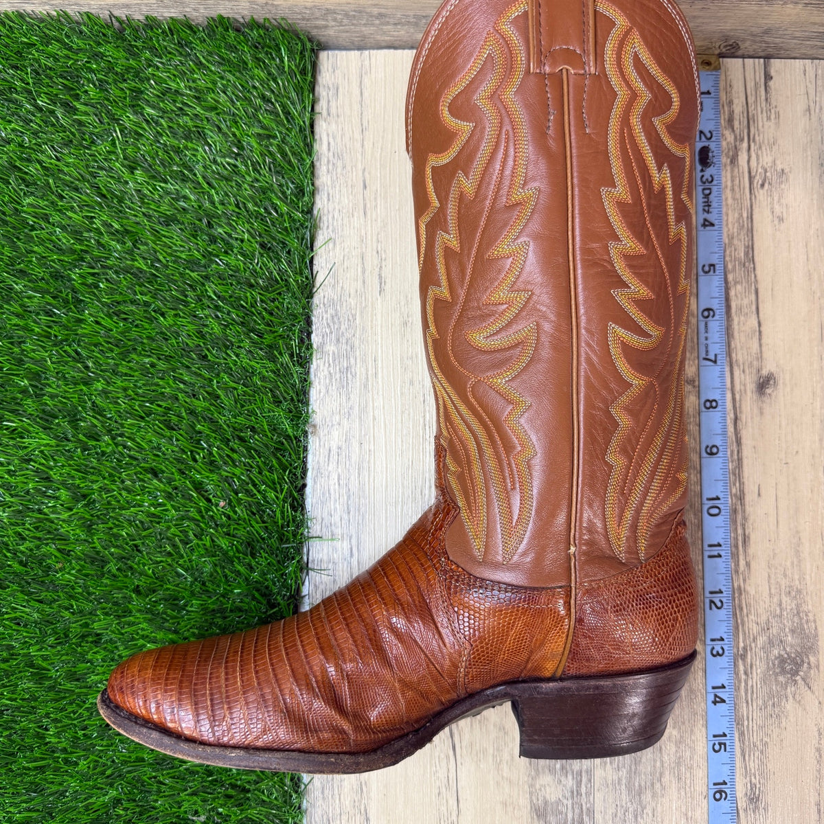 Justin Men - Size 7.5E - Vintage Cognac Lizard Western Cowboy Boots Style 8303