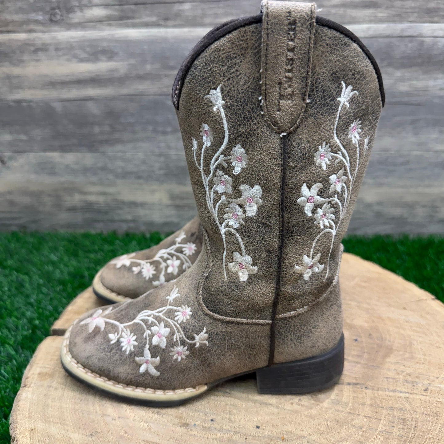 Twister Youth - Size 9 - Distressed Tan Floral Faux Leather Zipper Cowboy Boots
