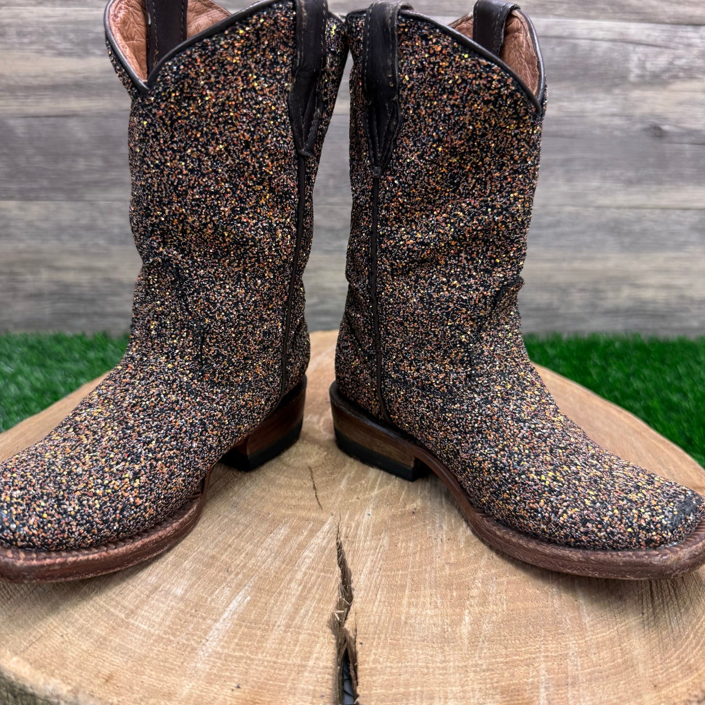 Tanner Mark Youth - Size 7 - Brown Glitter Square Toe Cowboy Boots
