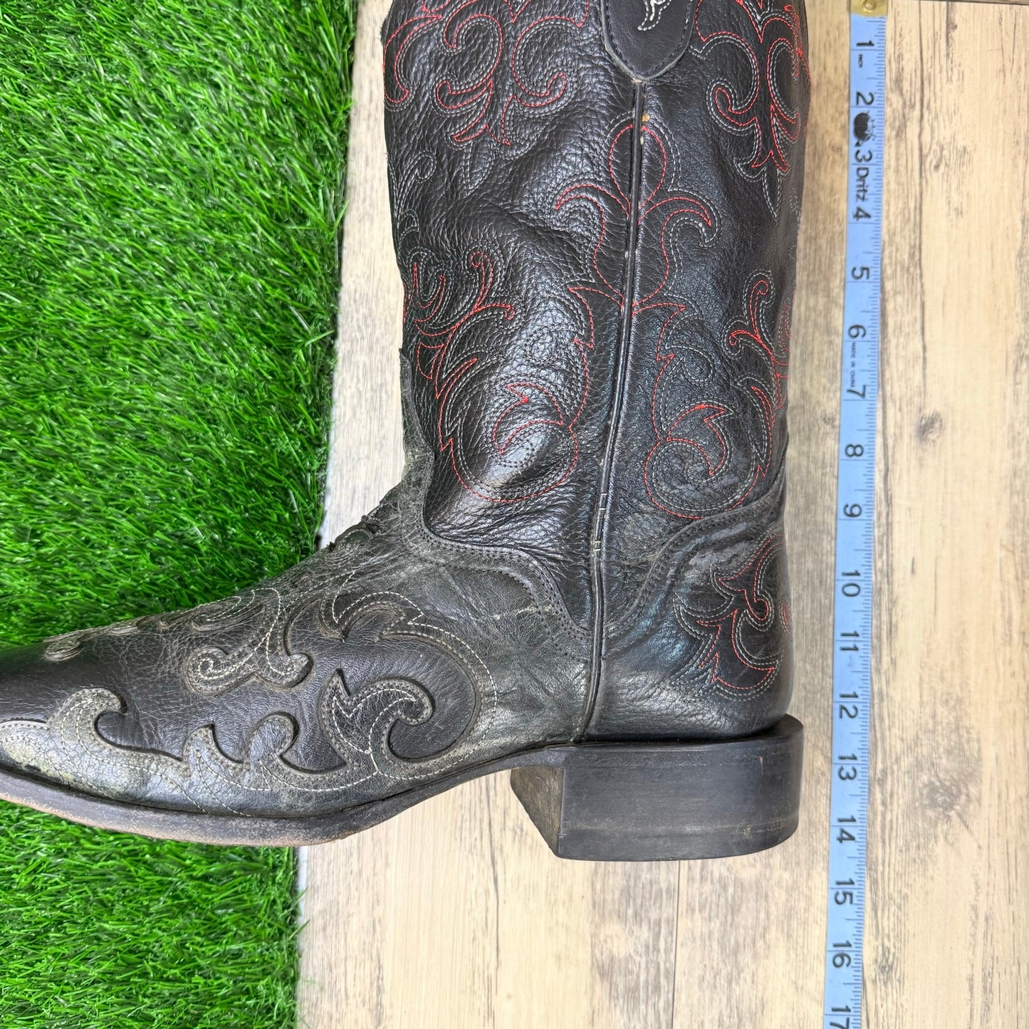 JB Dillon Men - Size 11EE - Black / Red Scroll Square Toy Cowboy Boots JBM2013