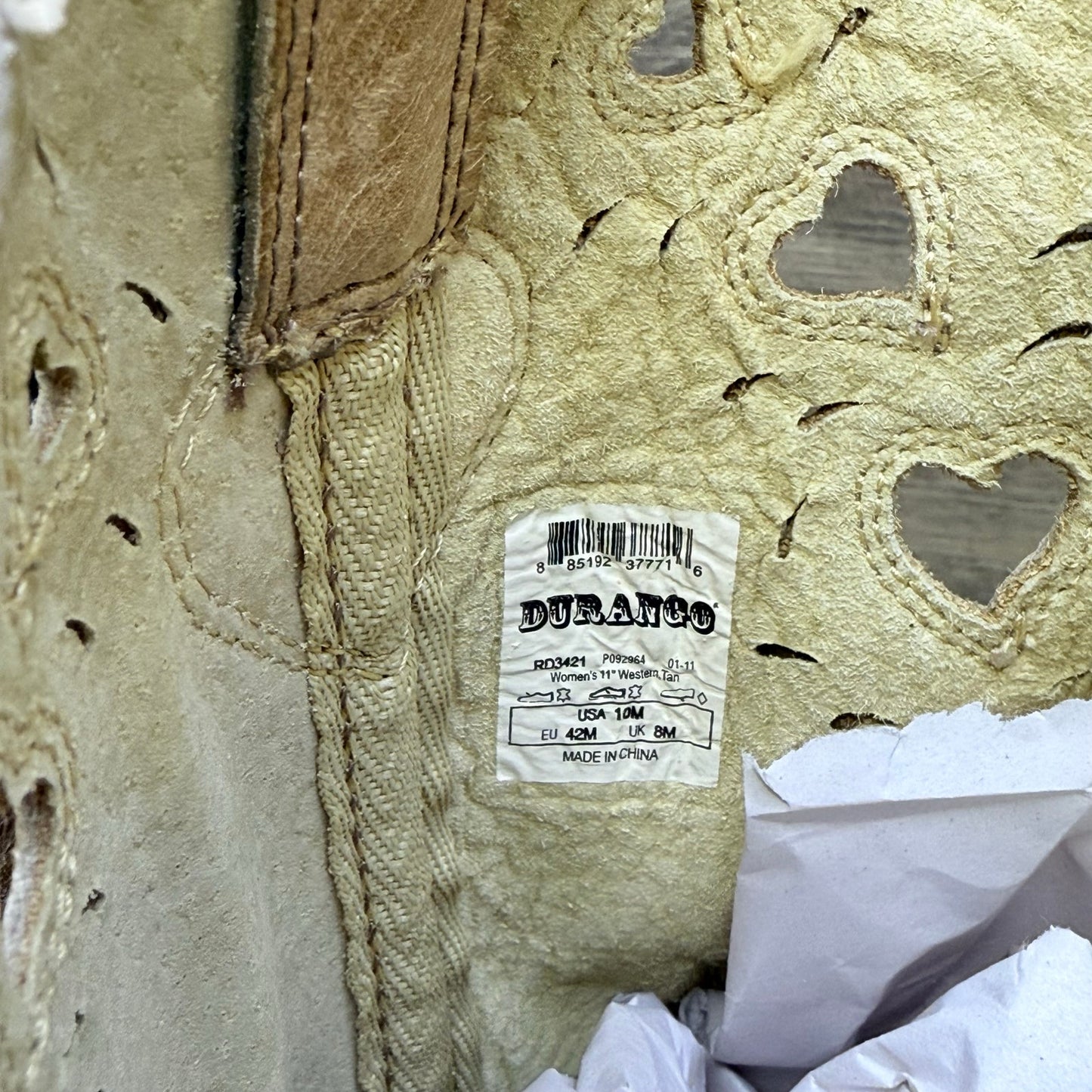 Durango Women - Size 10M - Tan Heart Cowboy Boots Crush RD3421