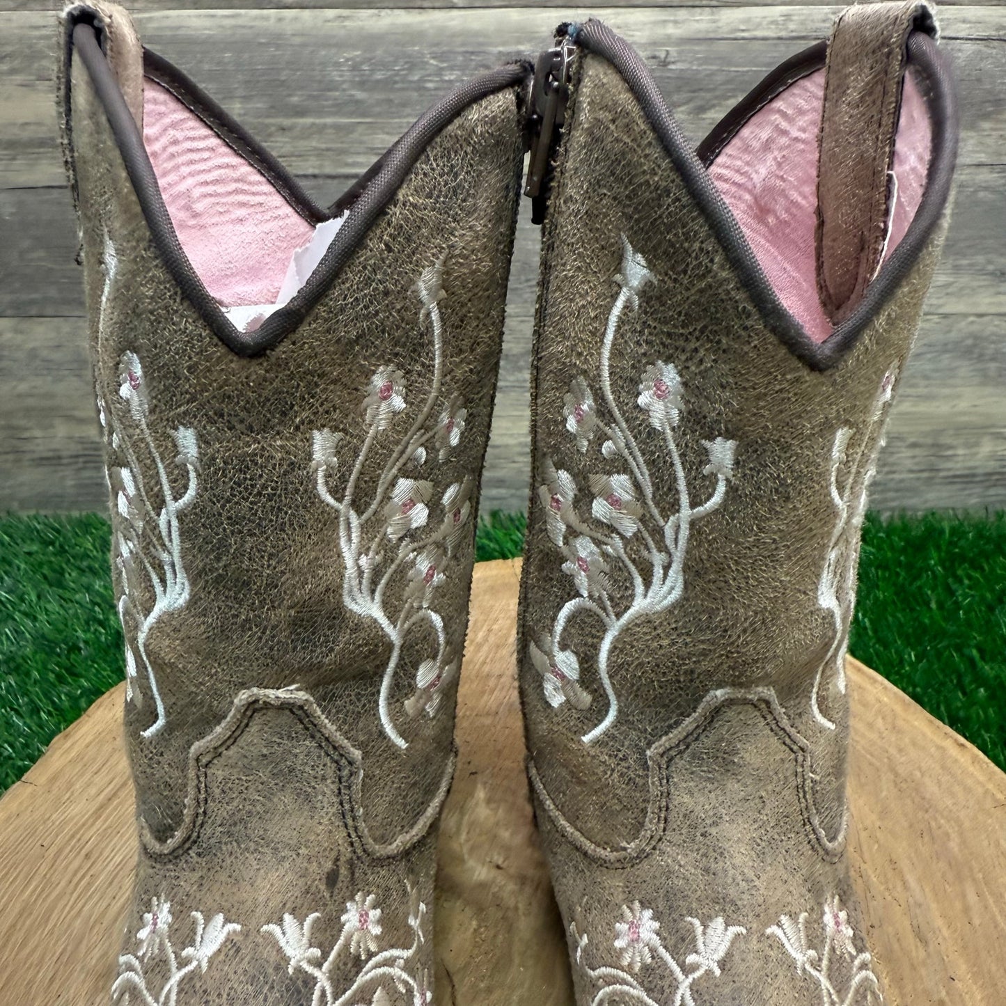 Twister Youth - Size 9 - Distressed Tan Floral Faux Leather Zipper Cowboy Boots