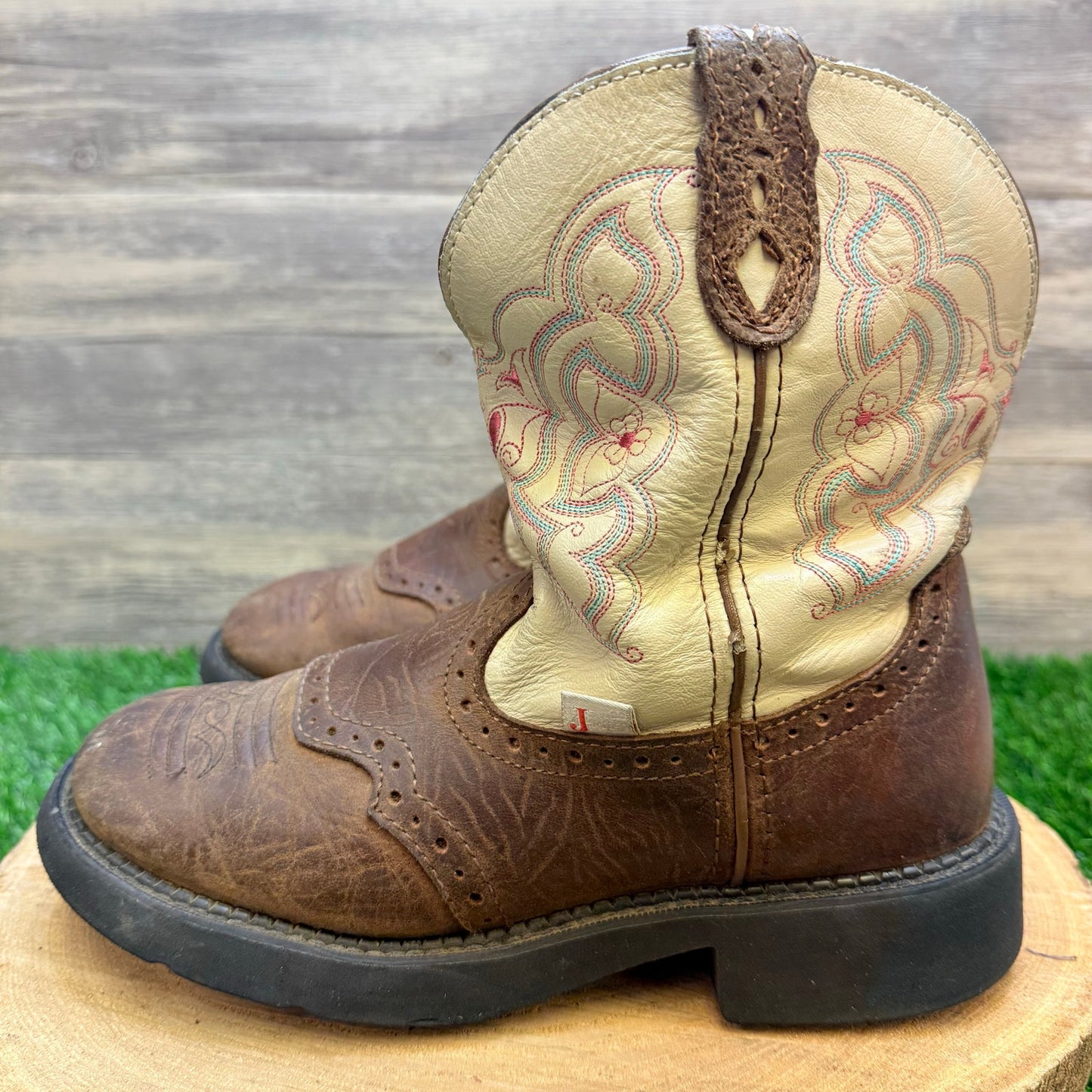 Justin Women - Size 9B - Brown / Pink Two Tone Round Toe Cowboy Boots L9924