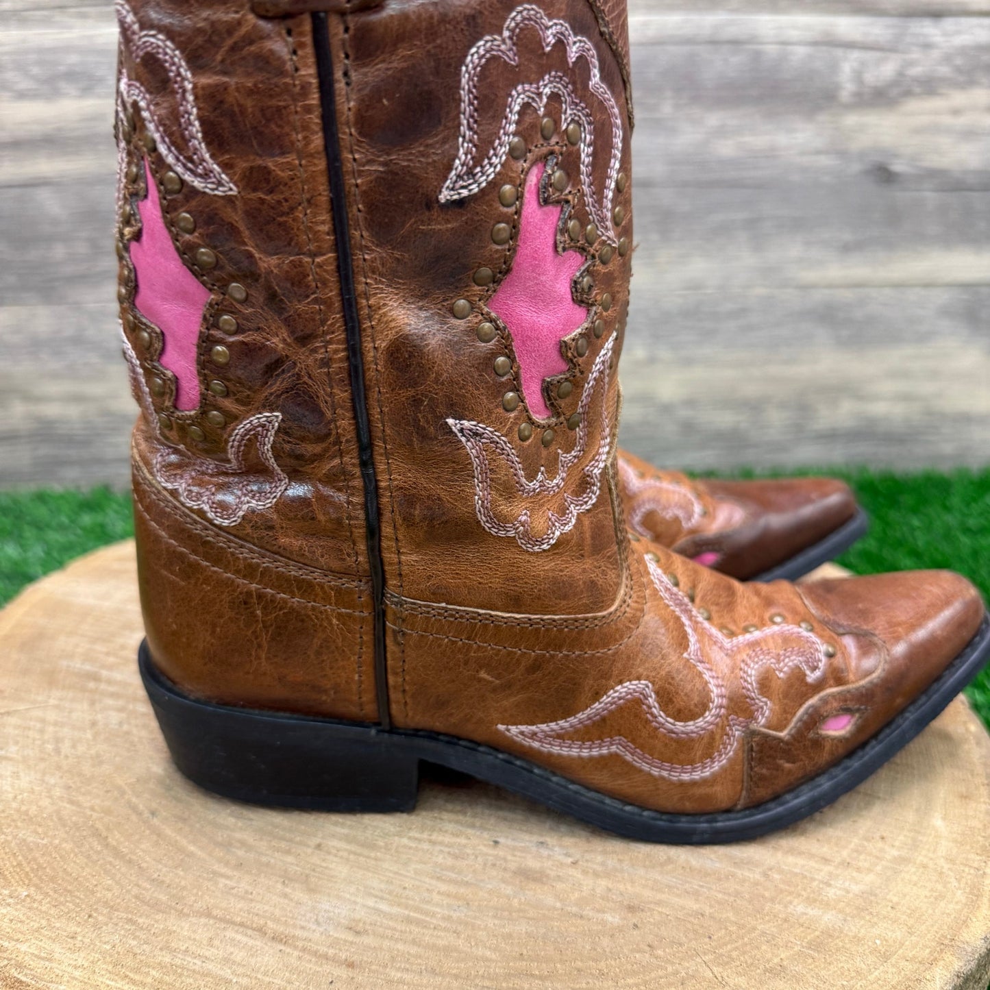 Smoky Mountain Youth - Size 2.5R - Tan/Pink Studded Cowboy Boots Style 3866C