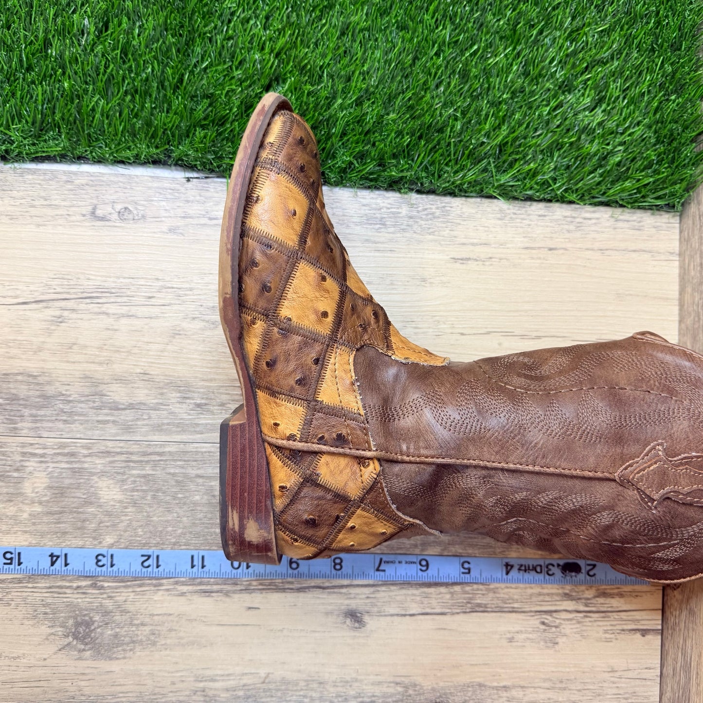 Roper Youth - Size 2 - Brown / Tan Ostrich Print Square Toe Cowboy Boots 2102