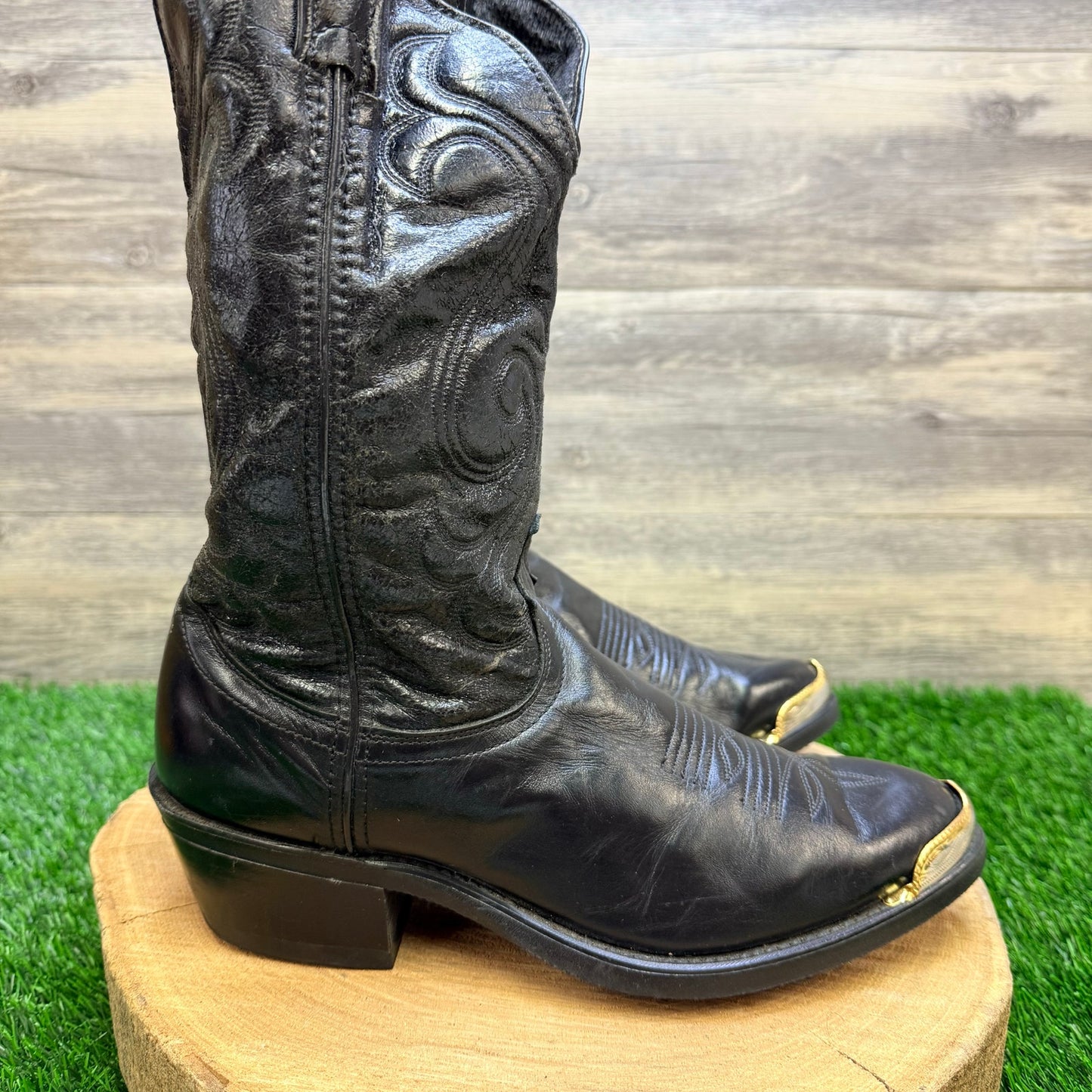 Unknown Men - Size 8EE - Black Toe Plate Faux Leather Cowboy Boots 5360