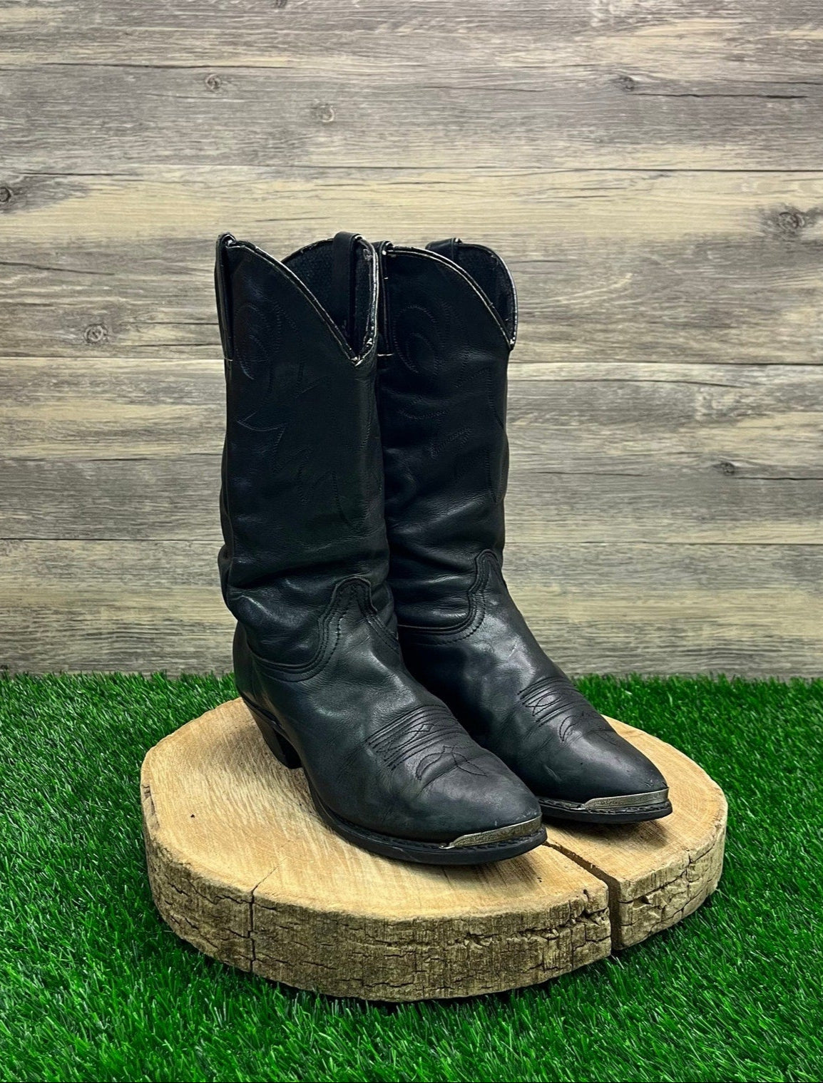 Durango Women - Size 8M - Vintage Black Slouch Toe Plate Cowboy Boots Style 1292