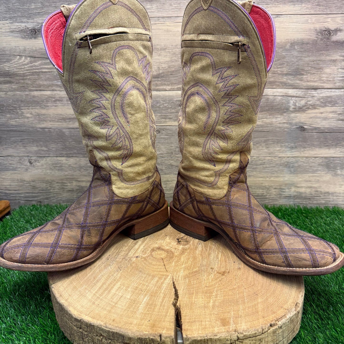 Macie Bean Women -Size 9M- Purple/Tan Diamond Patchwork Square Toe Cowboy Boots
