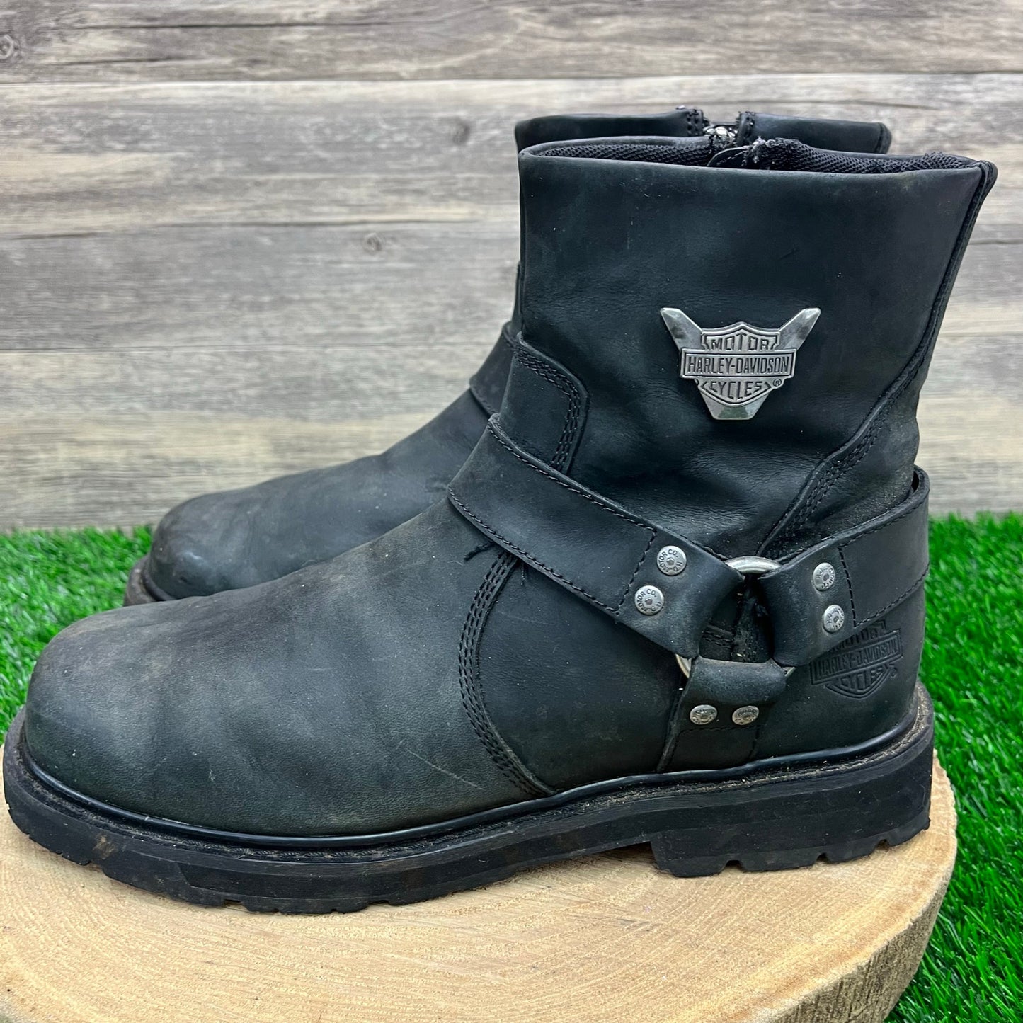 Harley Davidson Men - Size 10.5M - Black Harness Ankle Zipper Moto Boots D93491