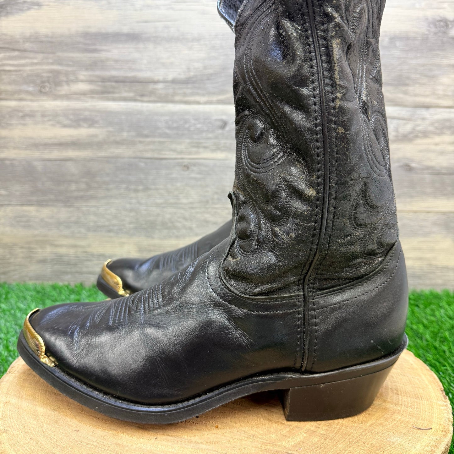 Unknown Men - Size 8EE - Black Toe Plate Faux Leather Cowboy Boots 5360