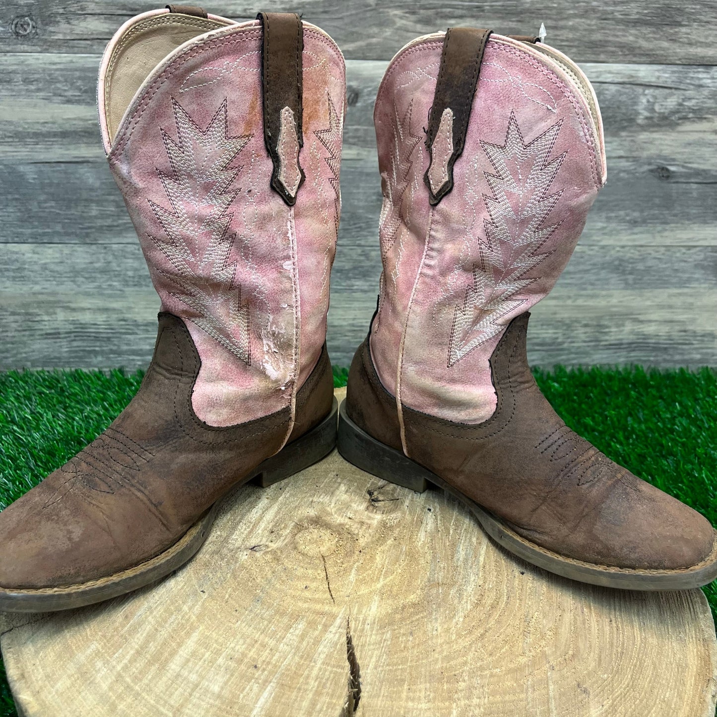 Roper Youth - Size 2 - Brown/Pink Square Toe Faux Leather Cowboy Boots 9508