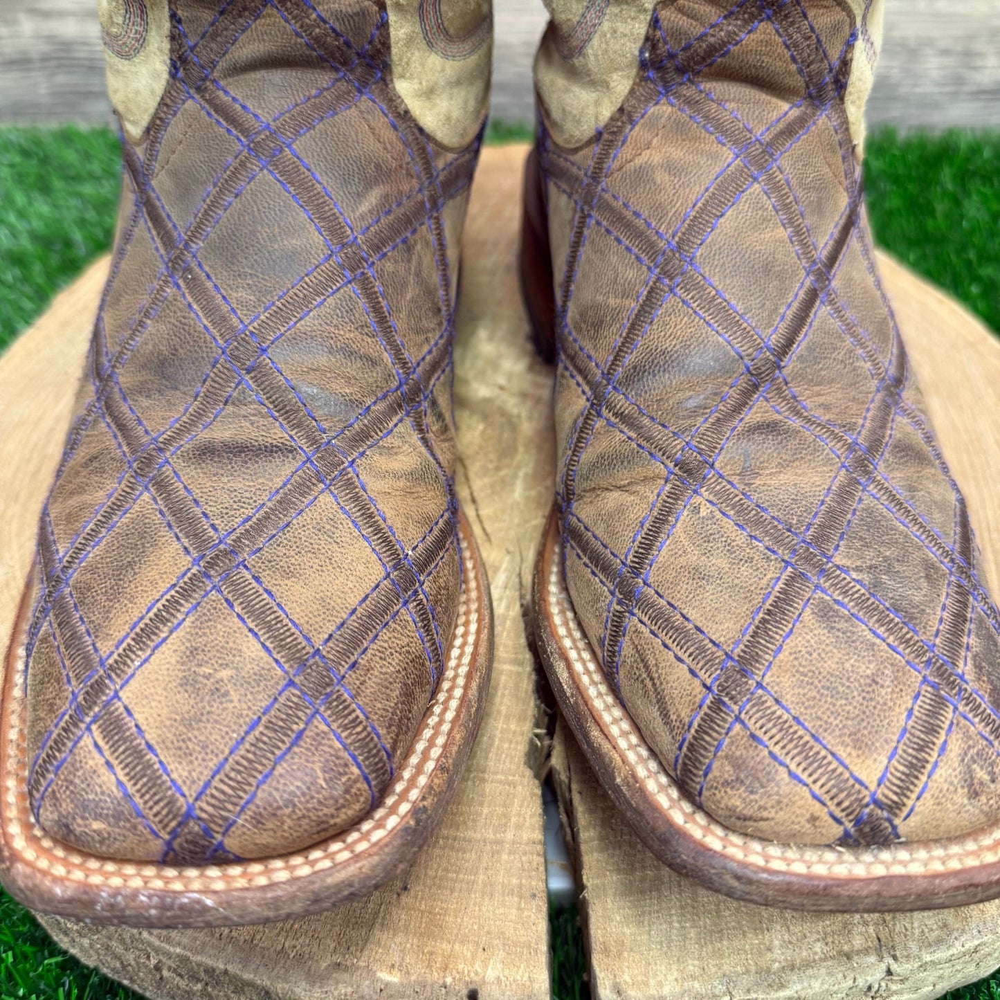 Macie Bean Women -Size 9M- Purple/Tan Diamond Patchwork Square Toe Cowboy Boots