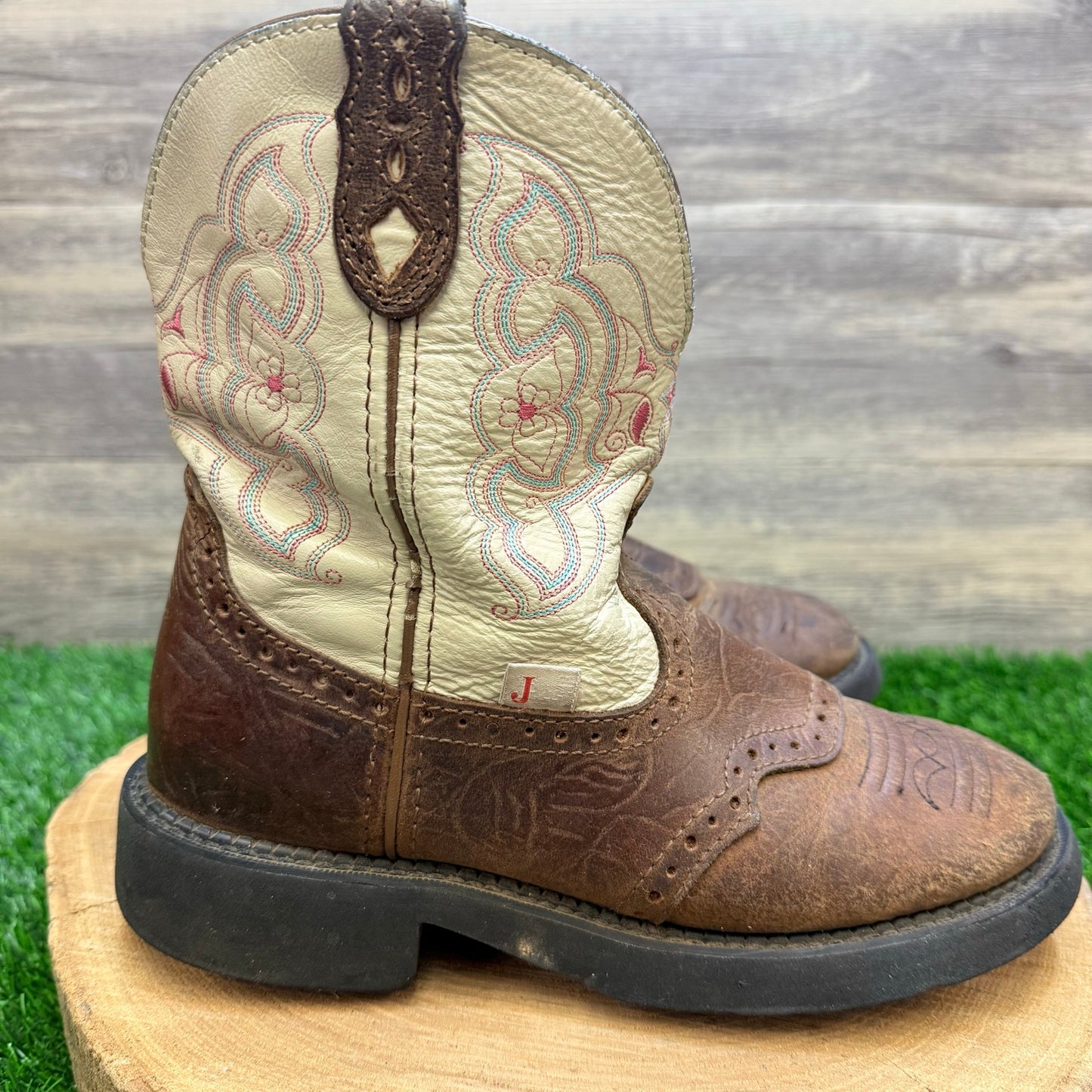 Justin Women - Size 9B - Brown / Pink Two Tone Round Toe Cowboy Boots L9924