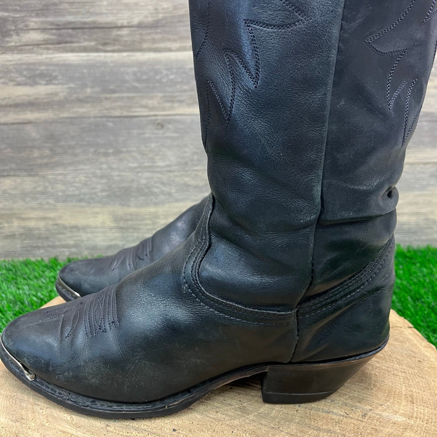 Durango Women - Size 8M - Vintage Black Slouch Toe Plate Cowboy Boots Style 1292
