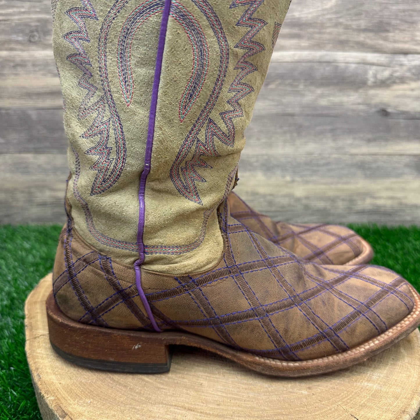 Macie Bean Women -Size 9M- Purple/Tan Diamond Patchwork Square Toe Cowboy Boots