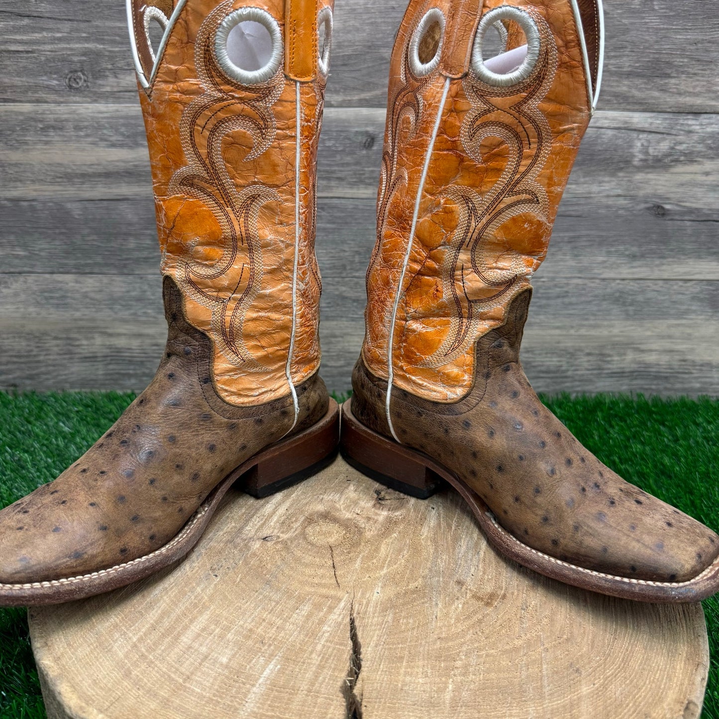Horse Power Youth -Size 4D- Orange/Tan Faux Ostrich Square Toe Cowboy Boots 841