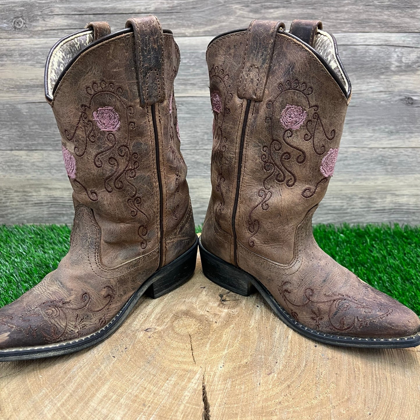 Smoky Mountain Youth - Size 12.5R - Tan/Pink Floral Snip Toe Cowboy Boots 3771C